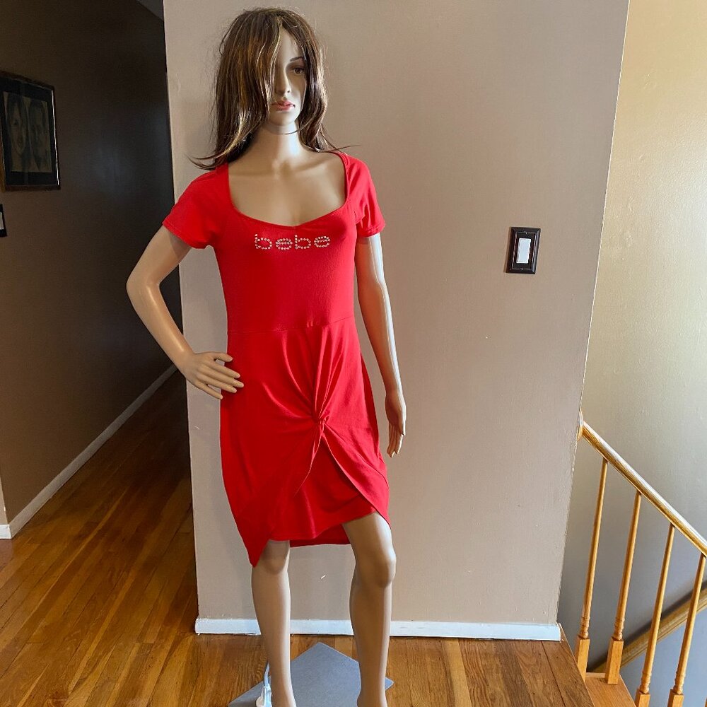 Bebe Red Tie Front Rhinestone Logo Dress Size L